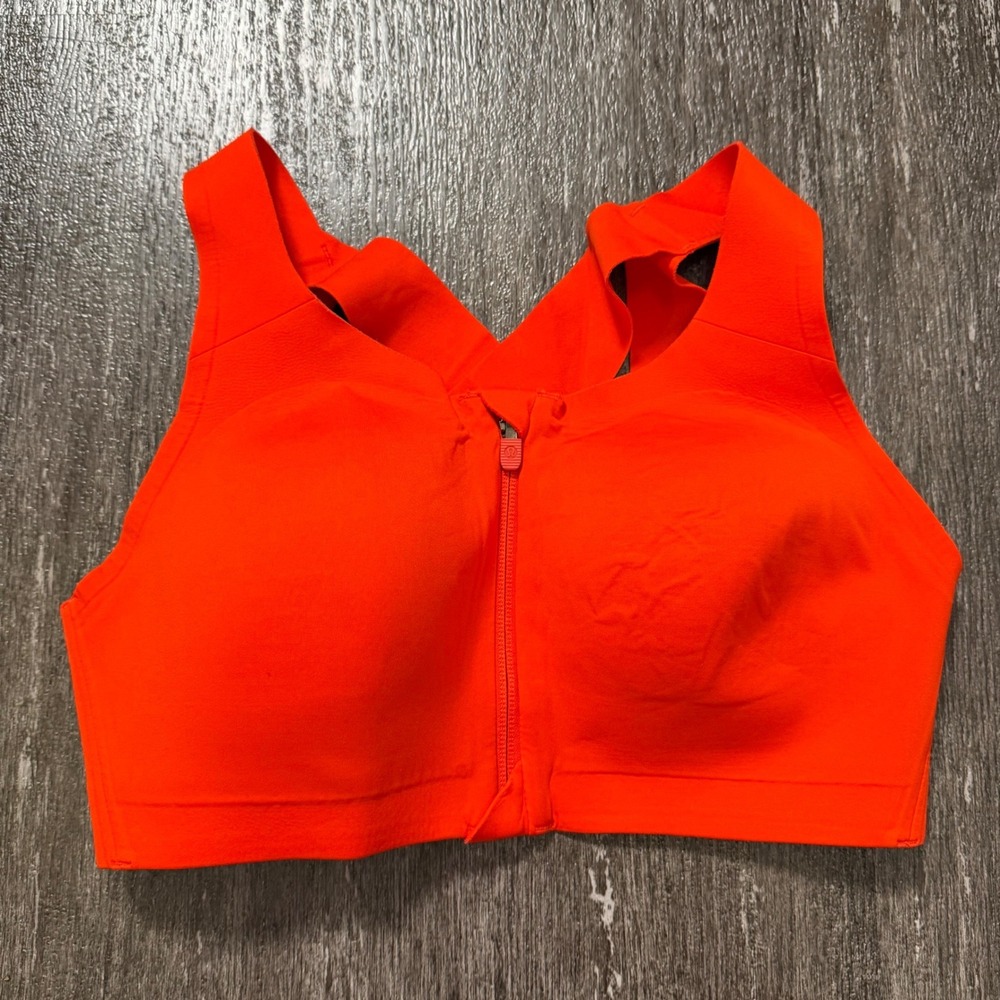 Lululemon Front Zip Sports Bra Womens 34D Orange High Impact Criss Cross Back
